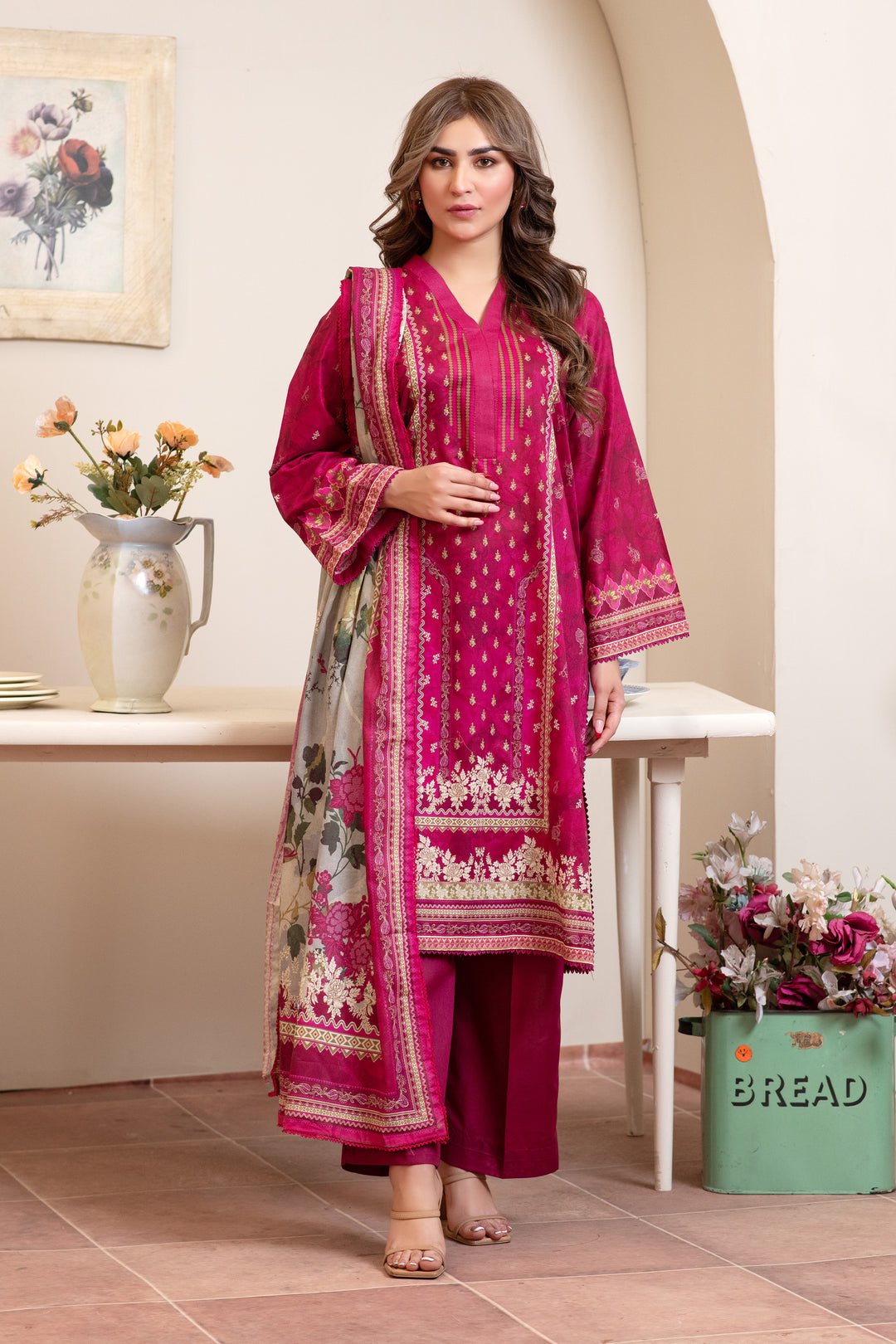 3 Piece Unstitched Hot Pink Premium Lawn - SU25V14-S2 - JACQUARD CLOTHING