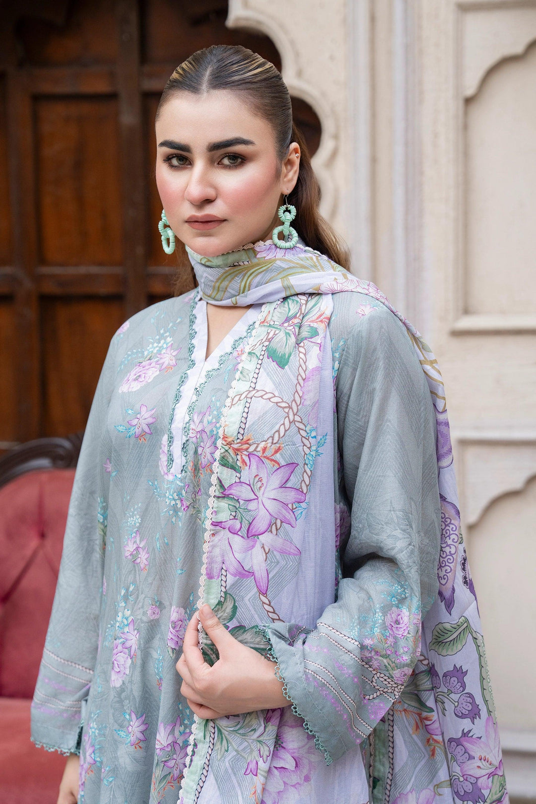 3 Piece Unstitched Levander Gray Premium Printed Lawn Suit - Jacquard Clothing Summer 2026