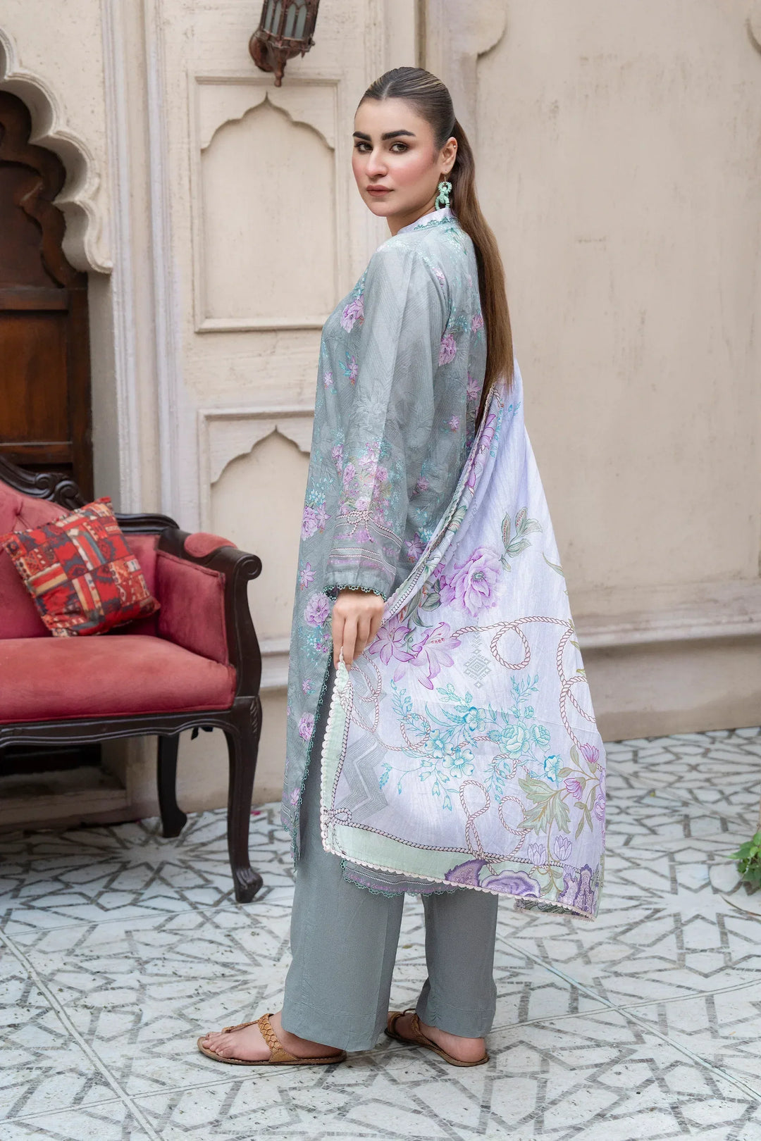 3 Piece Unstitched Levander Gray Premium Printed Lawn Suit - Jacquard Clothing Summer 2026