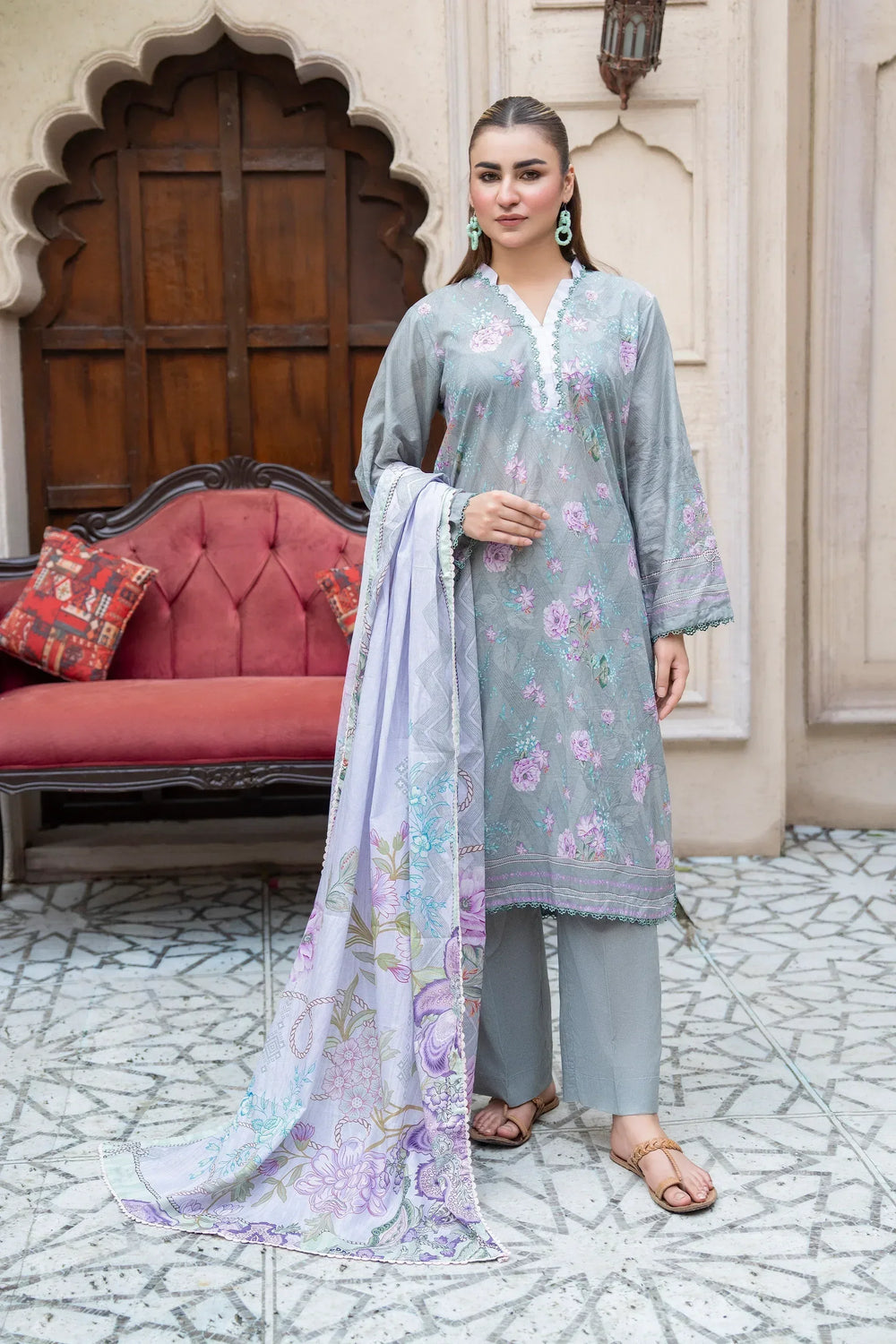 3 Piece Unstitched Levander Gray Premium Printed Lawn Suit - Jacquard Clothing