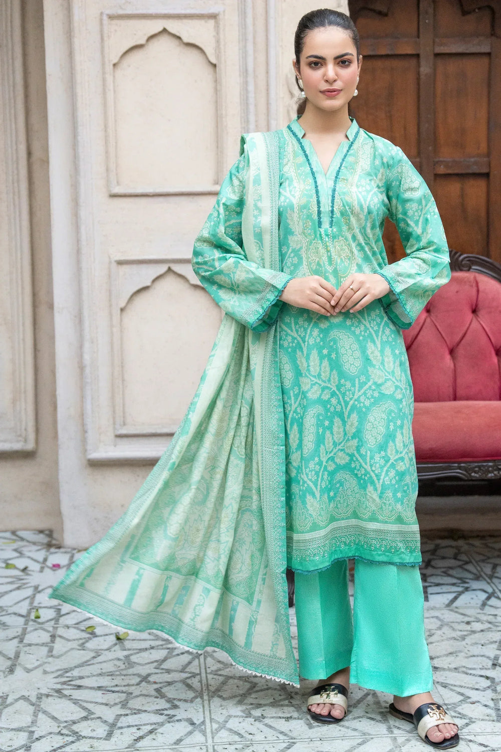 3 Piece Unstitched Light Cyan Premium Printed Lawn - Jacquard Clothing