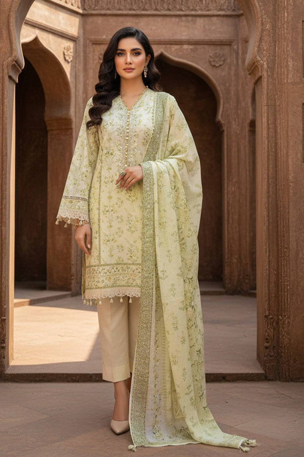 3 Piece Unstitched Light Green Premium Printed Lawn