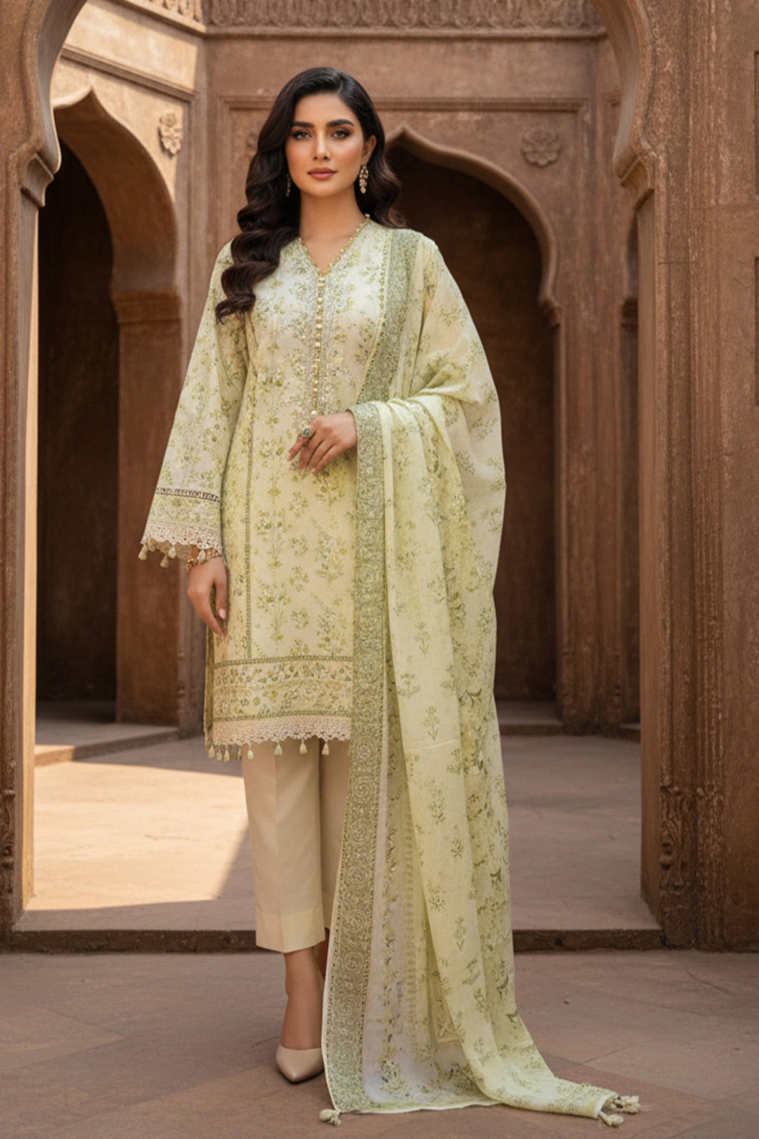 3 Piece Unstitched Light Green Premium Printed Lawn