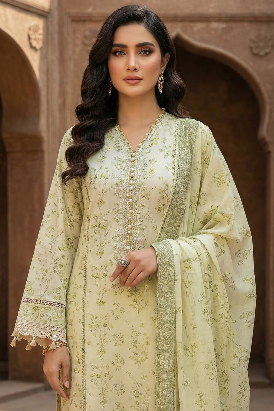 3 Piece Unstitched Light Green Premium Printed Lawn