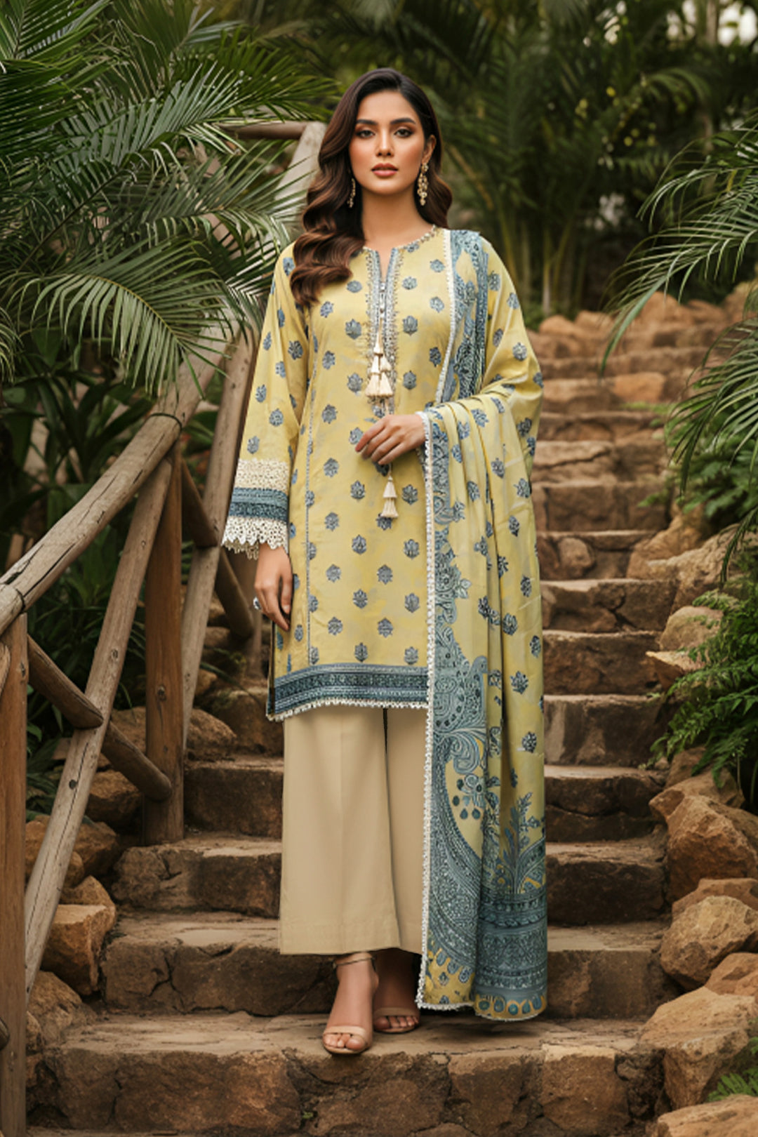 3 Piece Unstitched Light Yellow Premium Printed Lawn