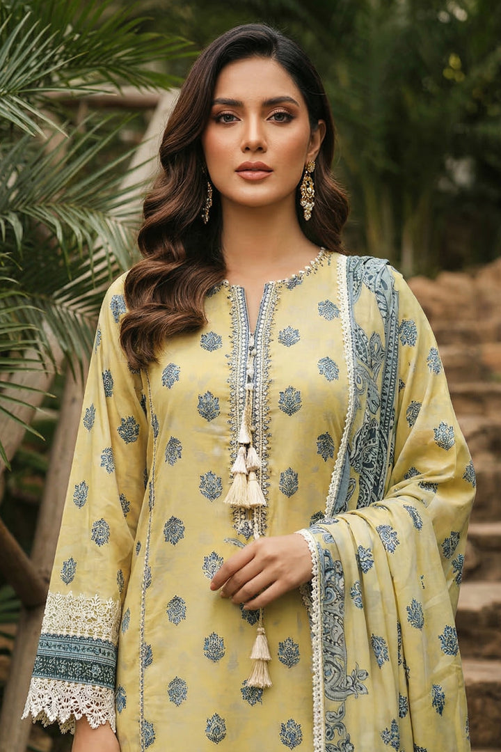 3 Piece Unstitched Light Yellow Premium Printed Lawn
