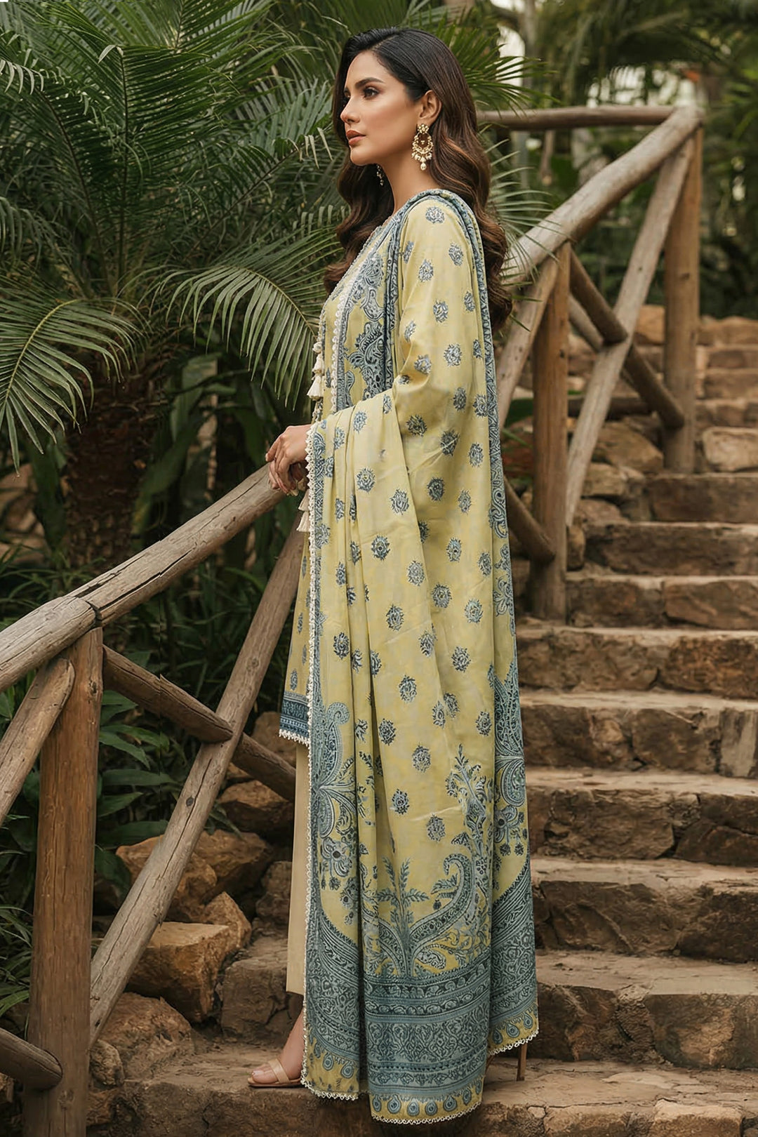 3 Piece Unstitched Light Yellow Premium Printed Lawn