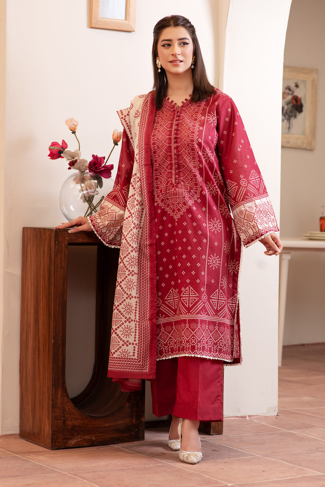 3 Piece Unstitched Maroon Premium Lawn - SU25V11-S2 - JACQUARD CLOTHING