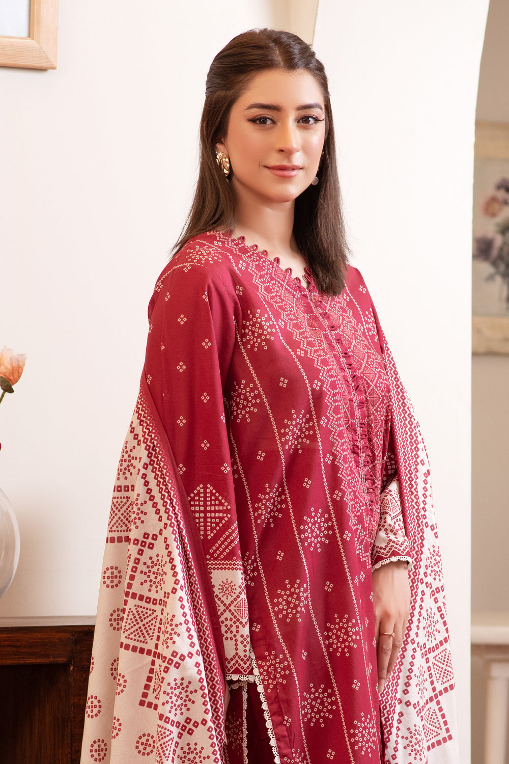 3 Piece Unstitched Maroon Premium Lawn - SU25V11-S2 - JACQUARD CLOTHING