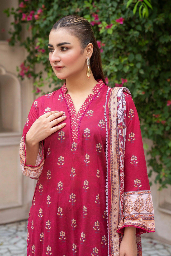 Unstitched 3 Piece Premium Printed Lawn Suit - Maroon