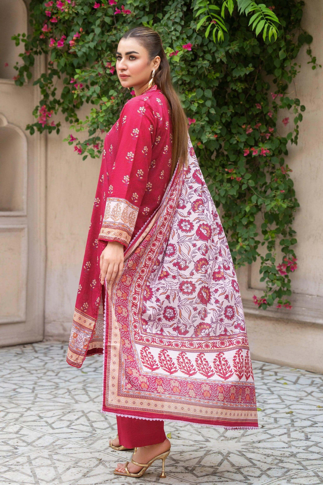Unstitched 3 Piece Premium Printed Lawn Suit - Maroon