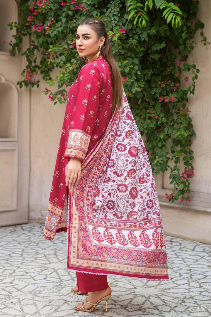 Unstitched 3 Piece Premium Printed Lawn Suit - Maroon