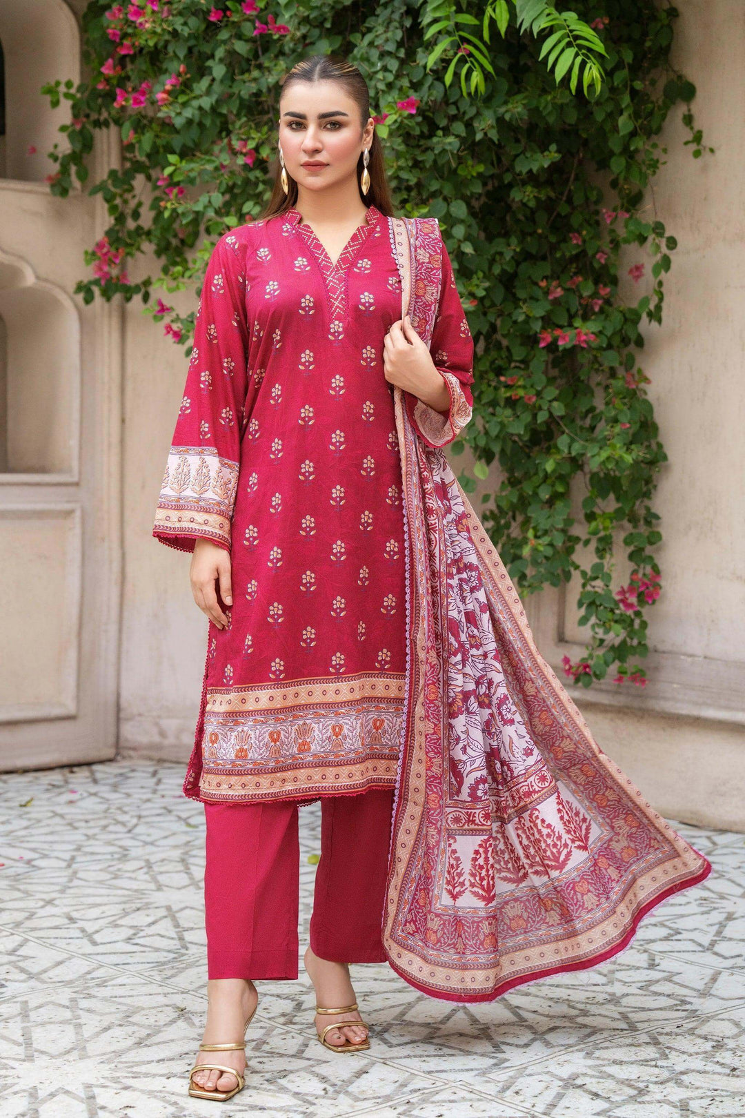 Unstitched 3 Piece Premium Printed Lawn Suit - Maroon