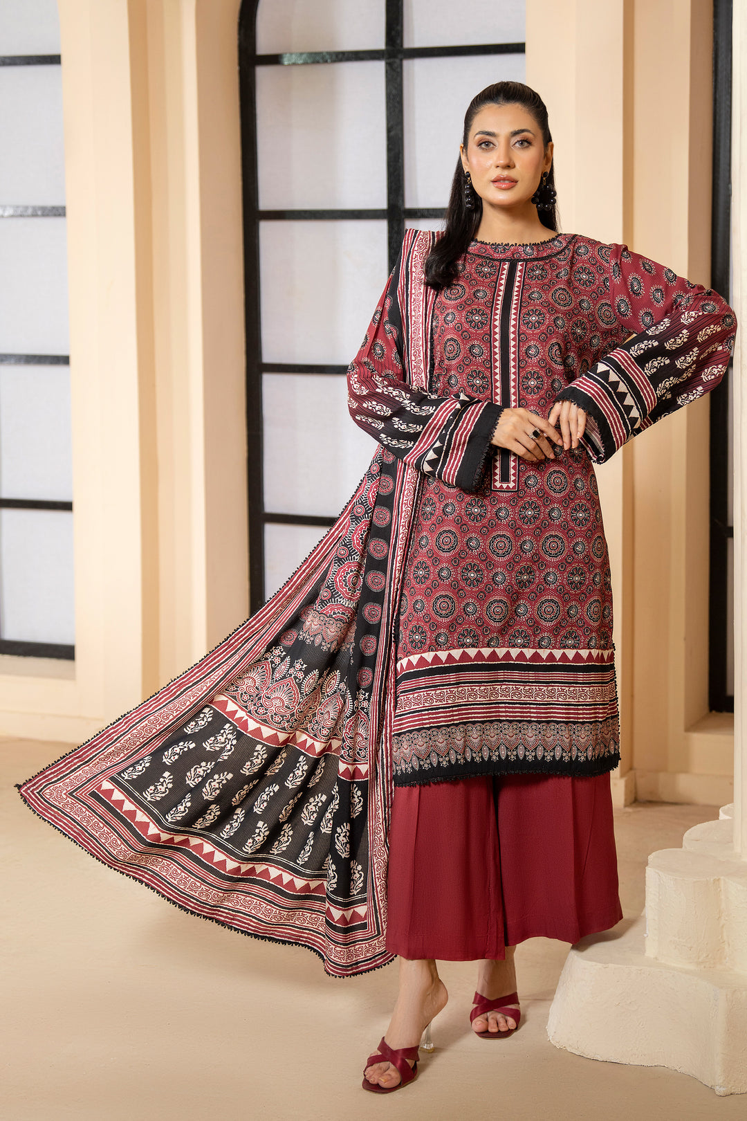 3 Piece Unstitched Maroon Printed Linen - W25CF1V1-S10 - JACQUARD CLOTHING