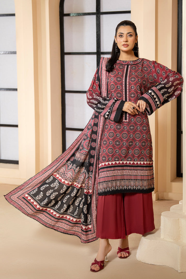 3 Piece Unstitched Maroon Printed Linen - W25CF1V1-S10 - JACQUARD CLOTHING