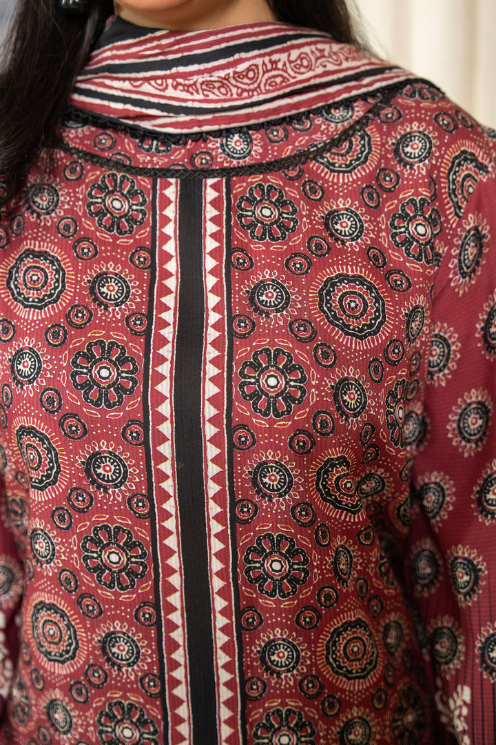 3 Piece Unstitched Maroon Printed Linen - W25CF1V1-S10 - JACQUARD CLOTHING