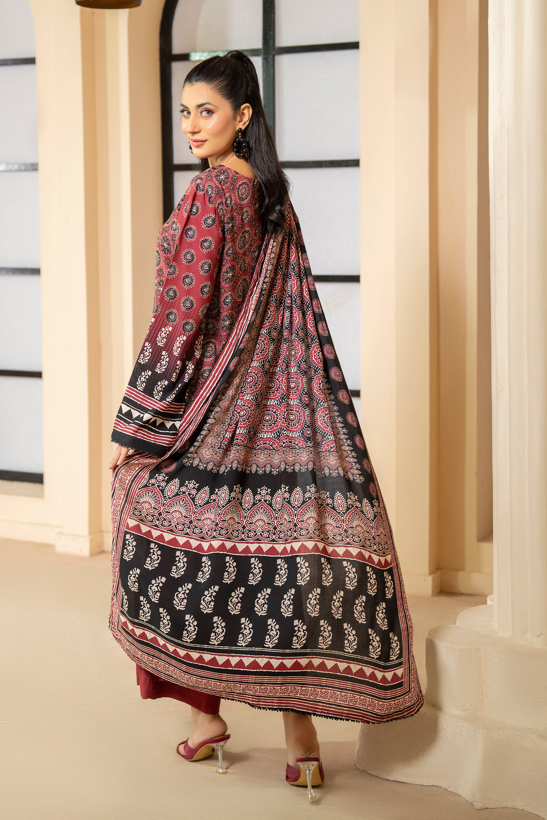 3 Piece Unstitched Maroon Printed Linen - W25CF1V1-S10 - JACQUARD CLOTHING