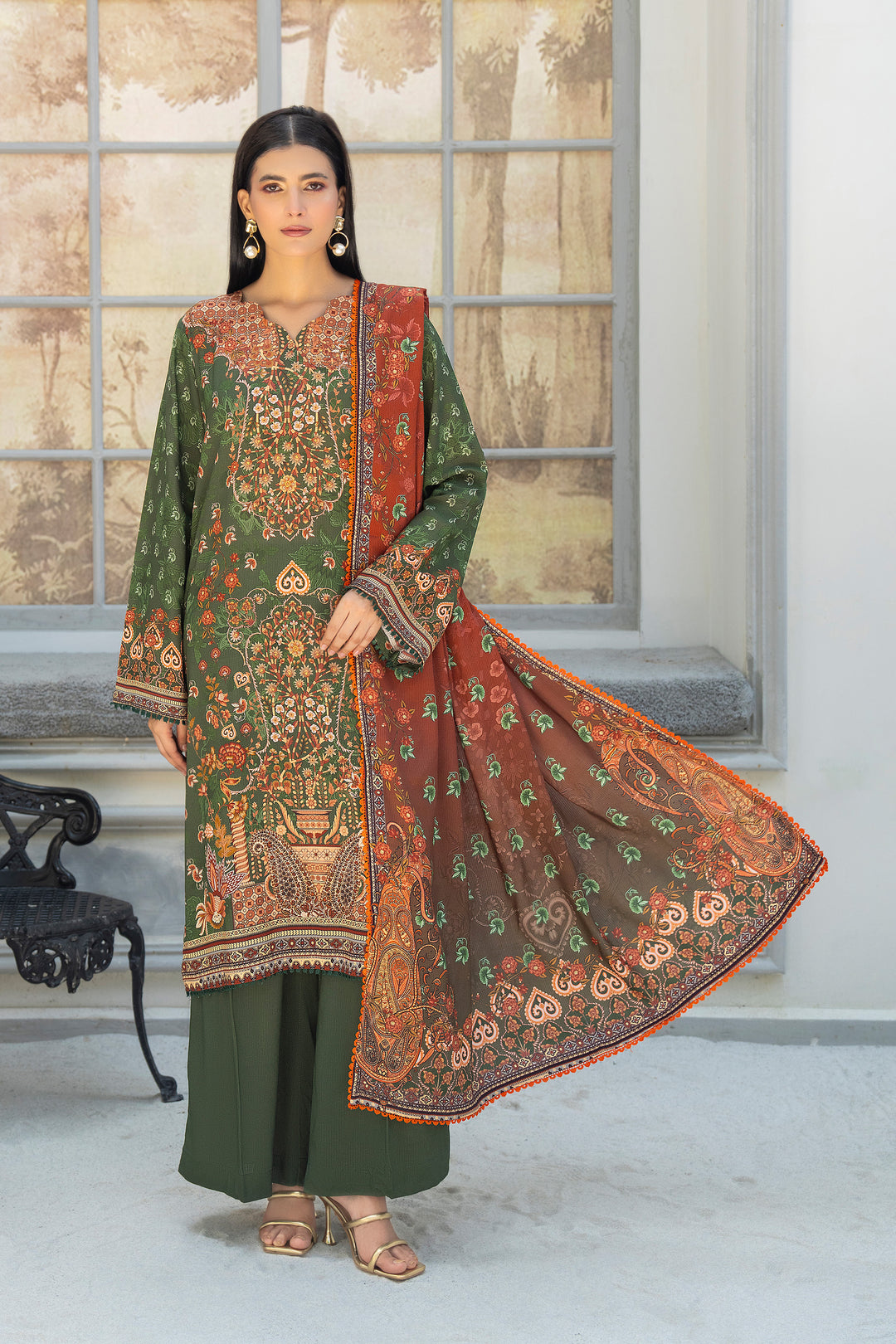 3 Piece Unstitched Moss Green Printed Linen - W25CF1V2-S1 - JACQUARD CLOTHING