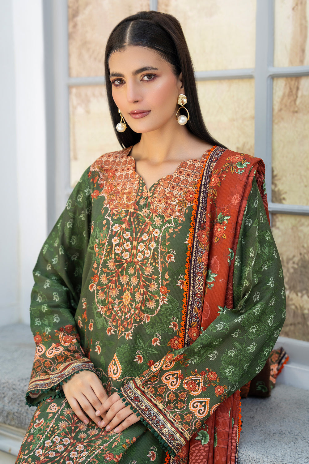 3 Piece Unstitched Moss Green Printed Linen - W25CF1V2-S1 - JACQUARD CLOTHING