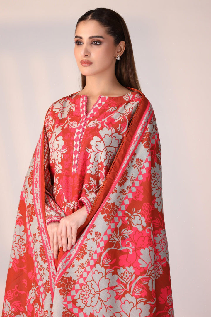 3 Piece Unstitched Multi Red Khaddar - Jacquard Clothing