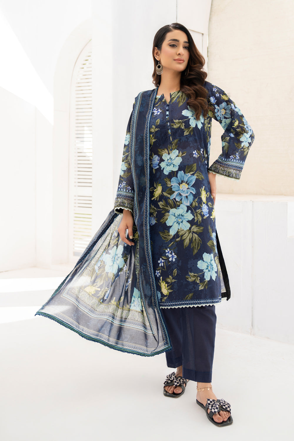 3 Piece Unstitched Navy Blue Premium Lawn - SU25V10-S8 - JACQUARD CLOTHING