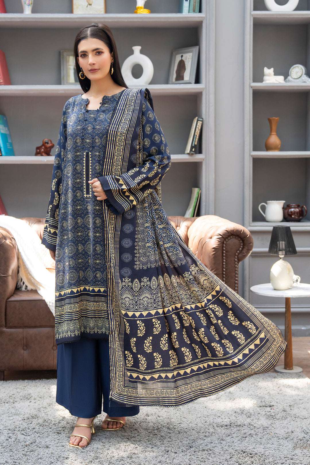 3 Piece Unstitched Navy Blue Printed Linen - W25CF1V2-S8 - Jacquard Clothing