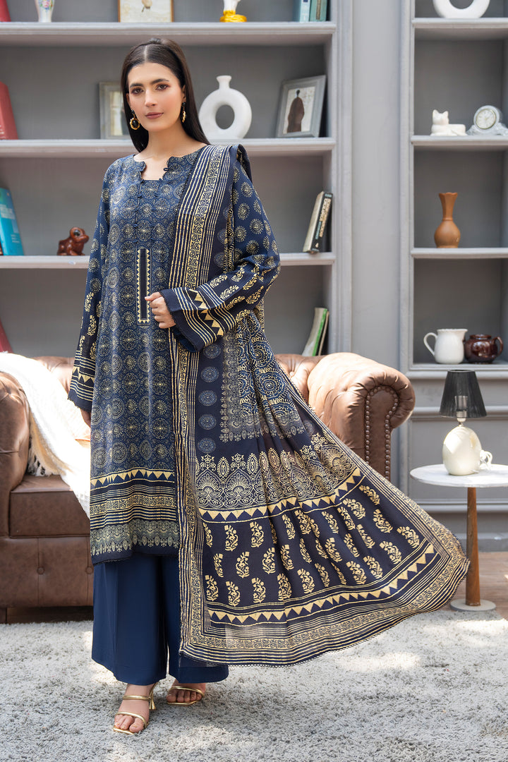 3 Piece Unstitched Navy Blue Printed Linen - W25CF1V2-S8 - Jacquard Clothing