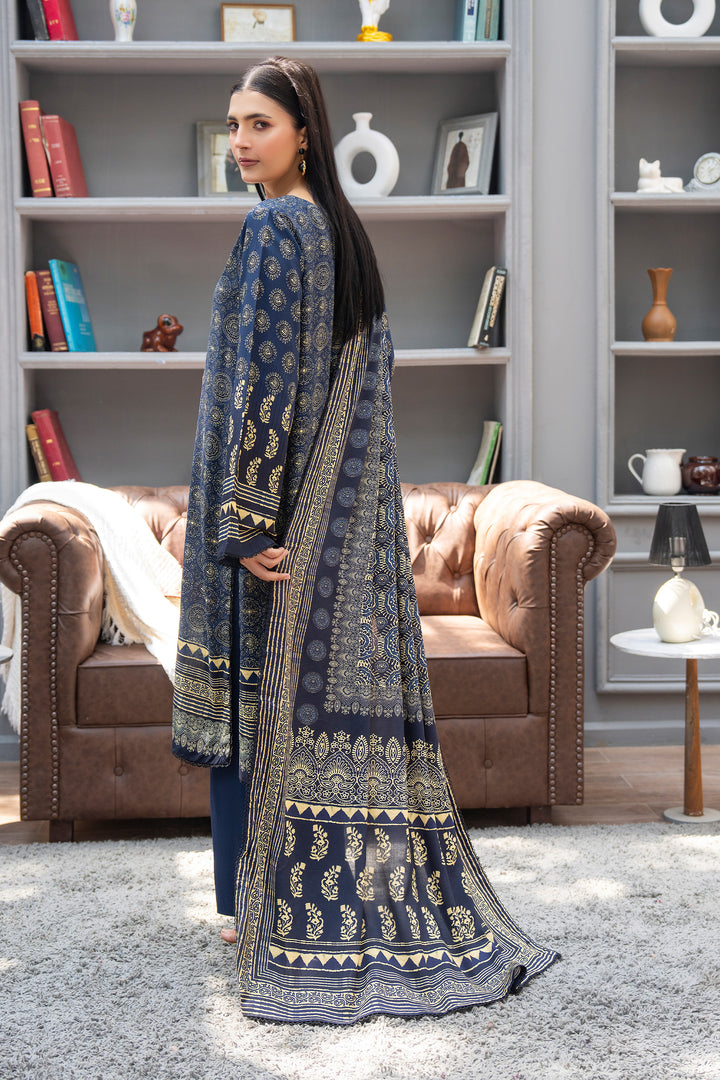 3 Piece Unstitched Navy Blue Printed Linen - W25CF1V2-S8 - Jacquard Clothing