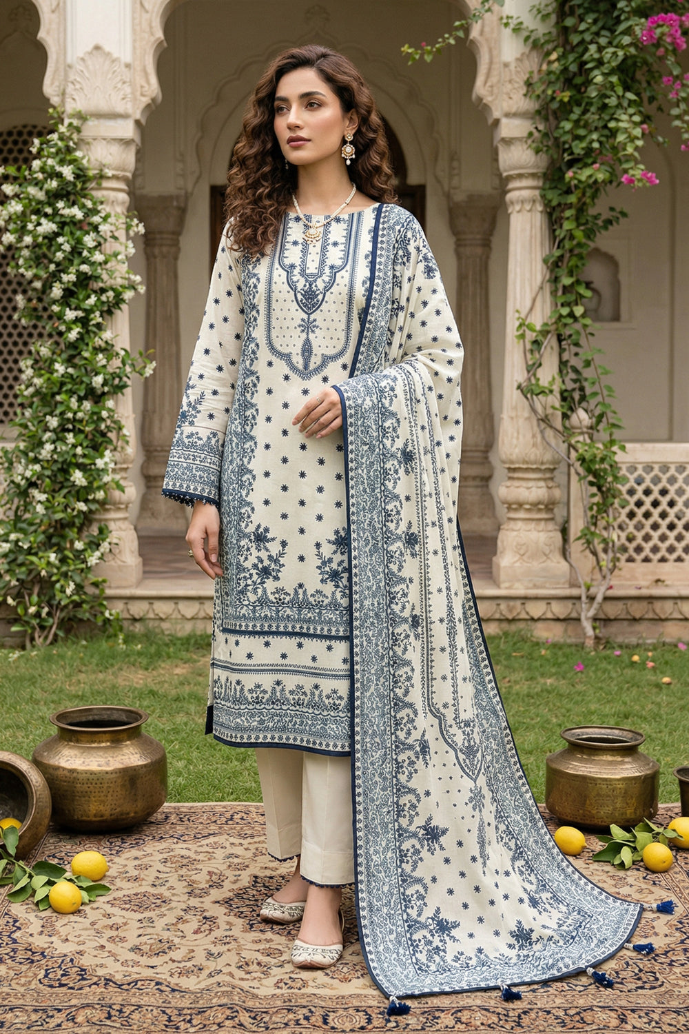 3 Piece Unstitched Off White Premium Printed Lawn Suit By Jacquard Clothing Summer 2026 Collection