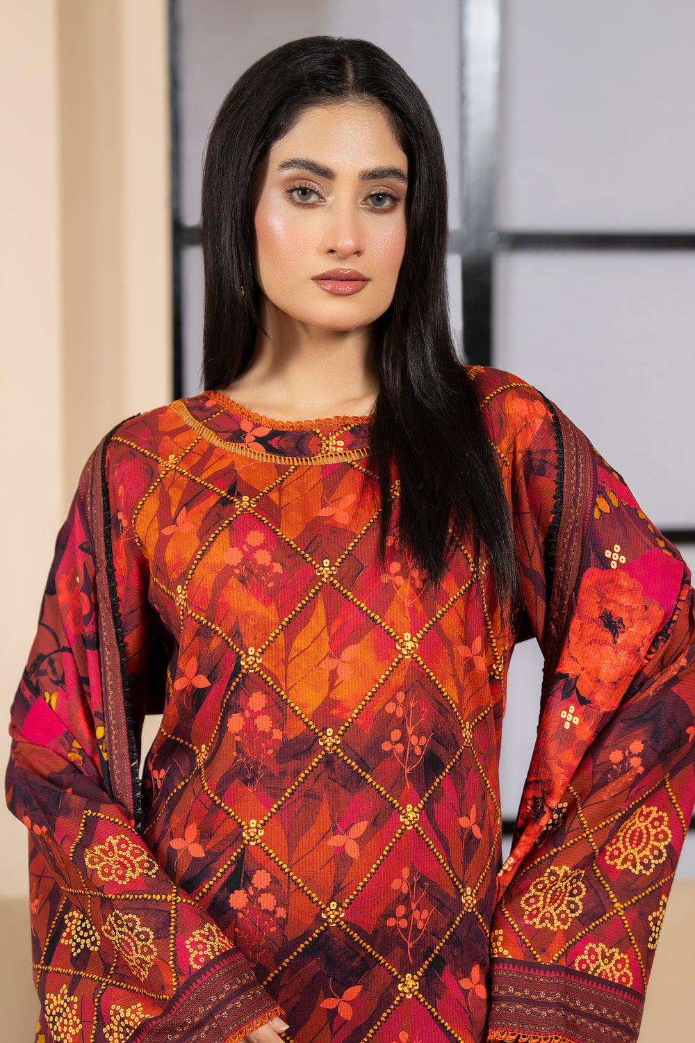 3 Piece Unstitched Orange Premium Linen - W25CF1V3-S3 - JACQUARD CLOTHING