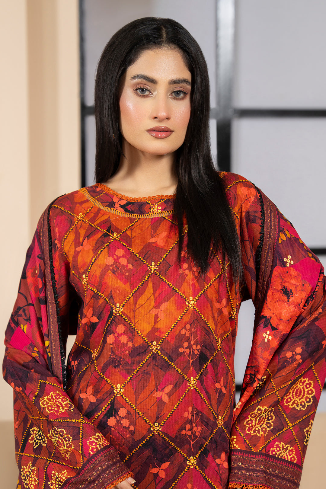 3 Piece Unstitched Orange Premium Linen - W25CF1V3-S3 - JACQUARD CLOTHING