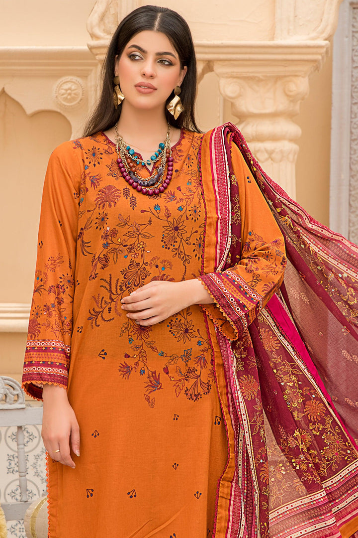 3 Piece Unstitched Orange Lawn - Jacquard Clothing