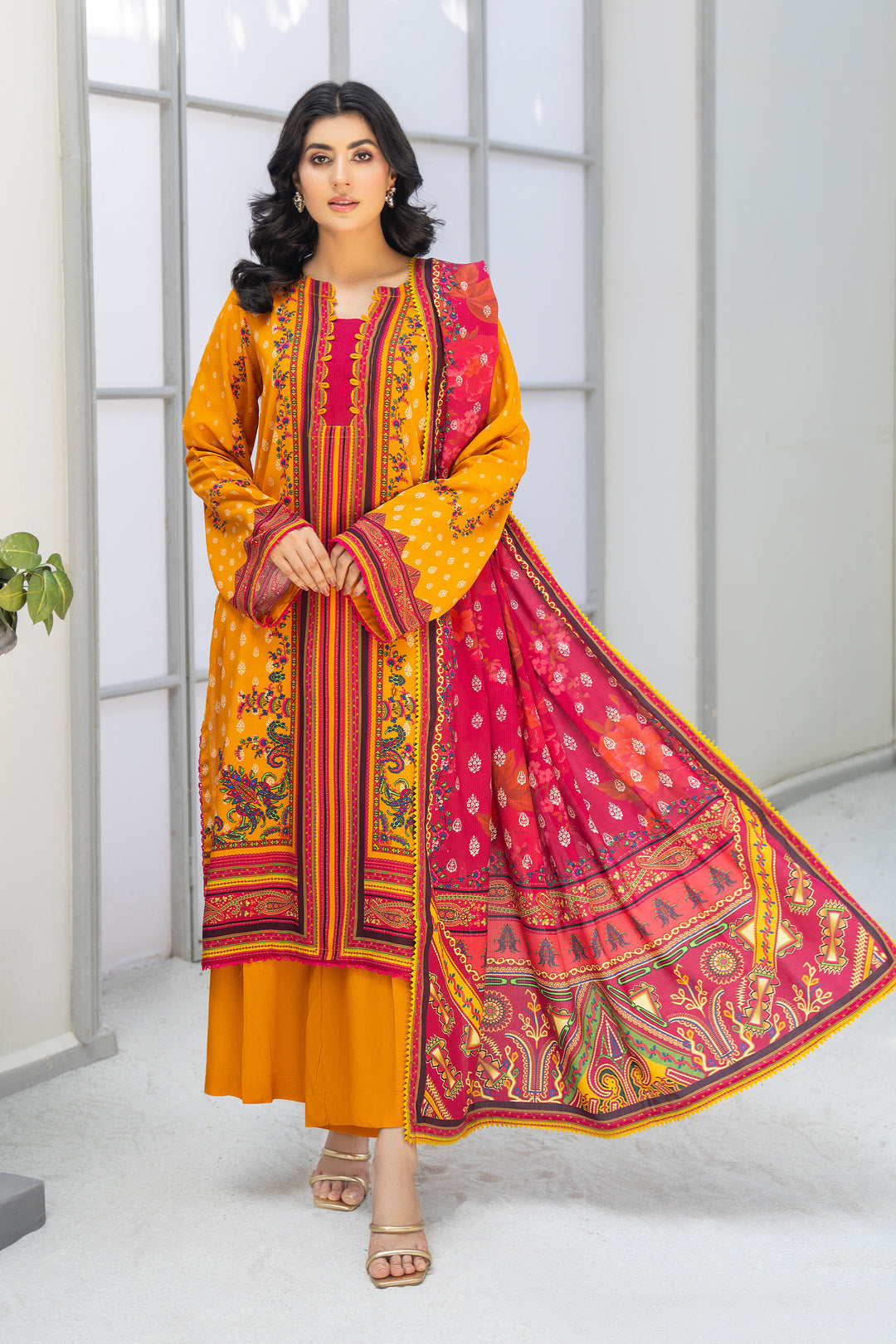 3 Piece Unstitched Orange Printed Linen - W25CF1V2-S10 - Jacquard Clothing