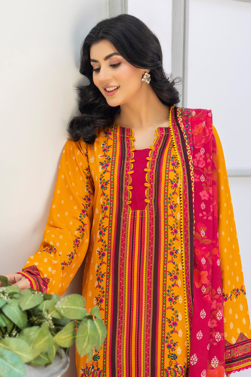 3 Piece Unstitched Orange Printed Linen - W25CF1V2-S10 - Jacquard Clothing