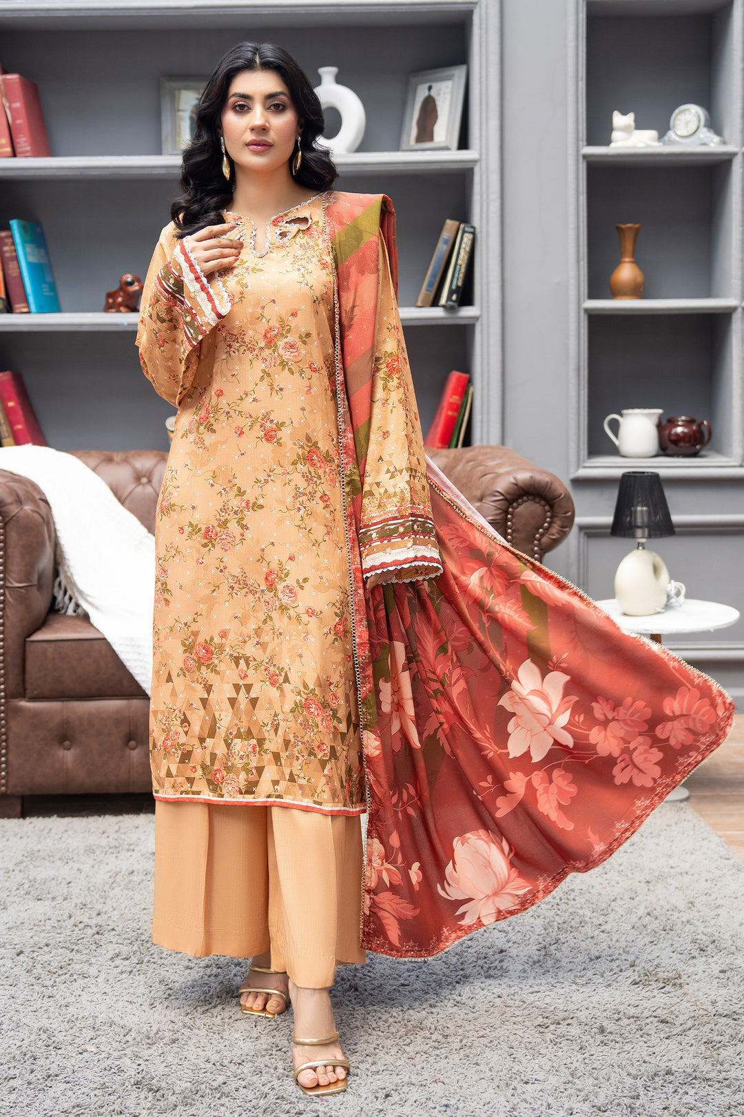 3 Piece Unstitched Orange Printed Linen - W25CF1V2-S6 - JACQUARD CLOTHING
