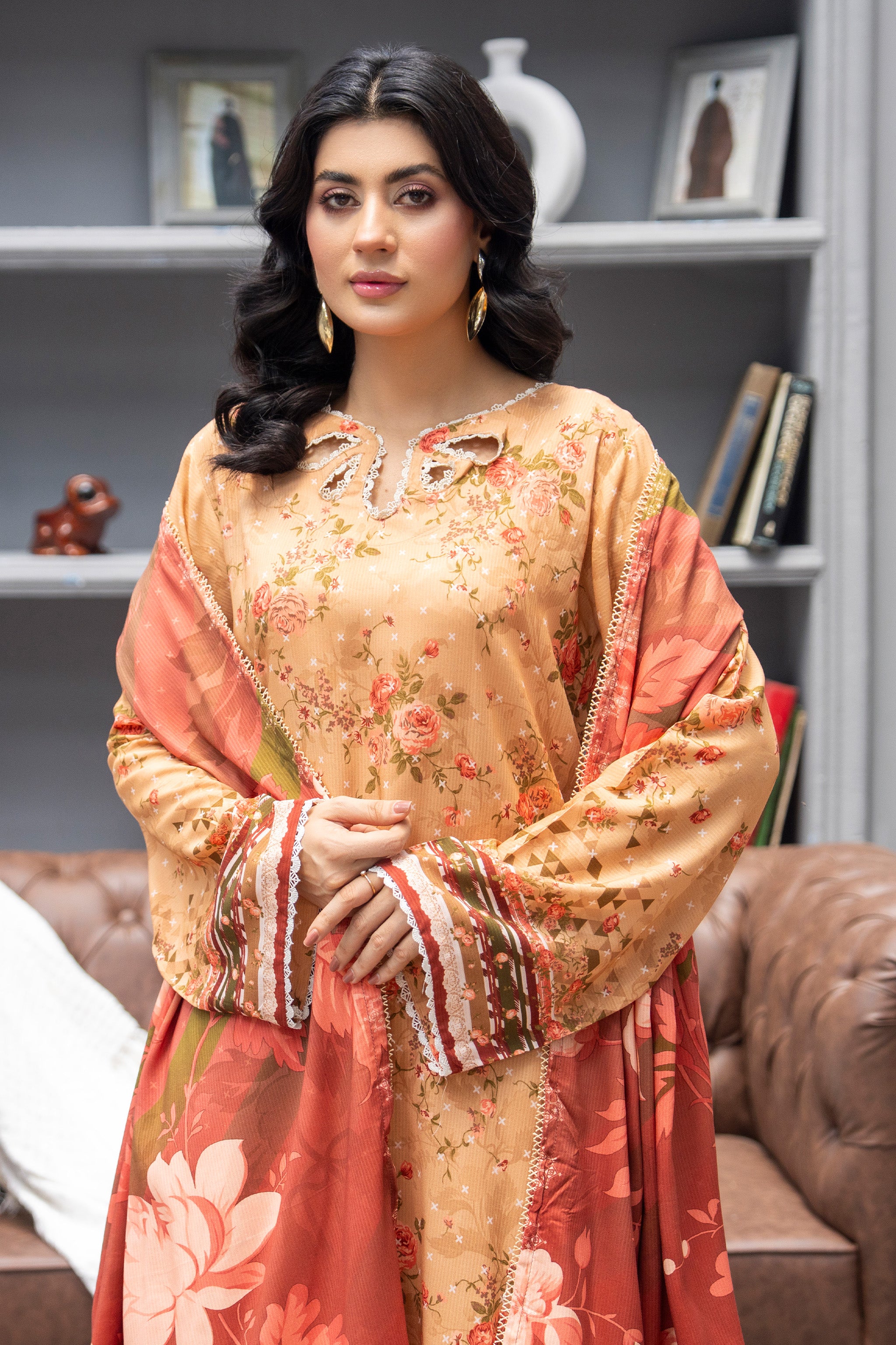 3 Piece Unstitched Orange Printed Linen - W25CF1V2-S6 - JACQUARD CLOTHING
