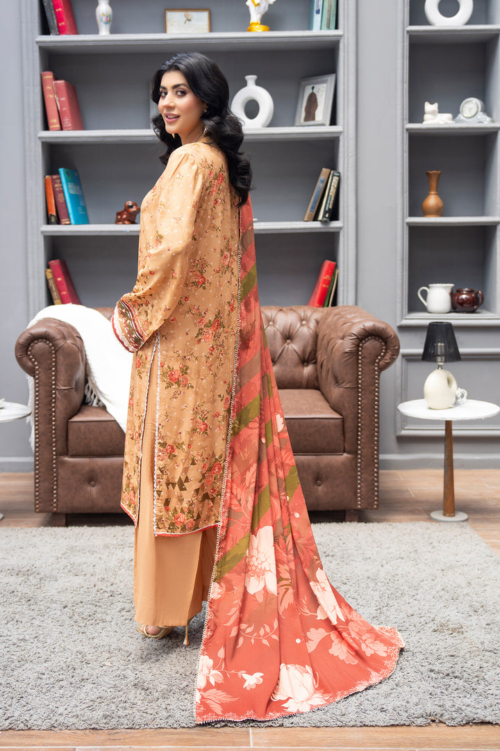 3 Piece Unstitched Orange Printed Linen - W25CF1V2-S6 - JACQUARD CLOTHING