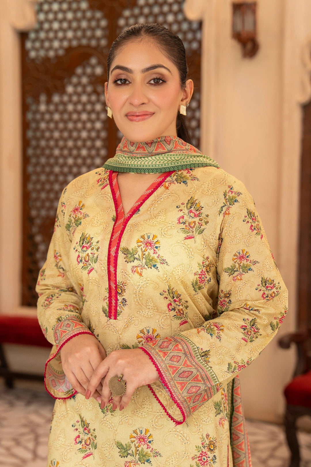 3 Piece Unstitched Pale Gold Premium Printed Lawn Suit - Jacquard Clothing Summer 2026