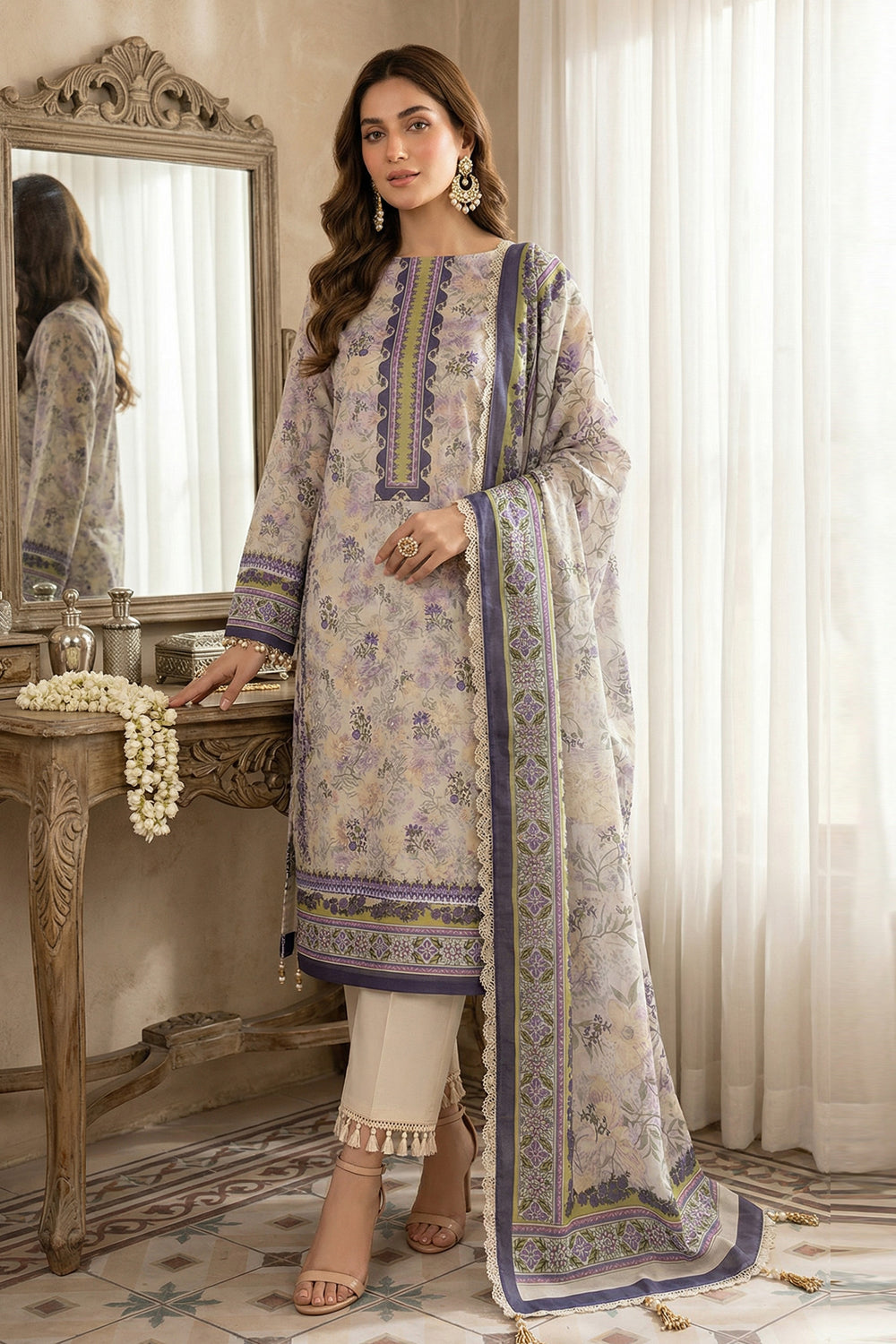 3 Piece Unstitched Pale Silver Premium Printed Lawn Suit - Jacquard Soha Afreen Summer 2026 Collection