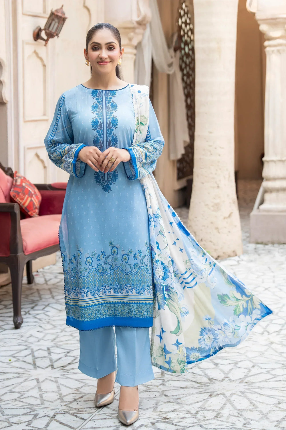 3 Piece Unstitched Pastel Blue Premium Printed Lawn Suit - Jacquard Clothing Summer 2026