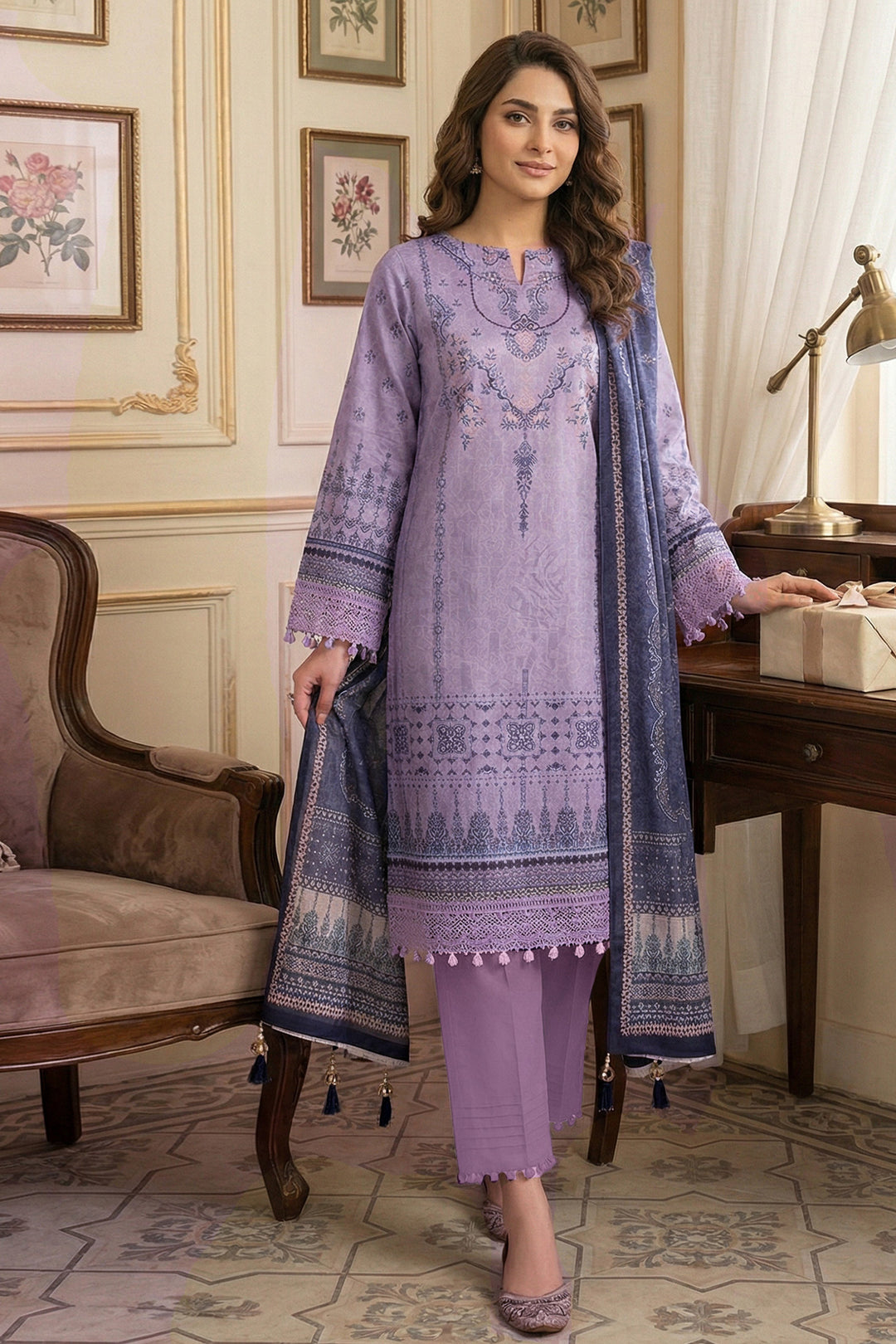 3 Piece Unstitched Pastel Purple Premium Printed Lawn Suit - Jacquard Virsa By Zainab Summer 2026 Collection