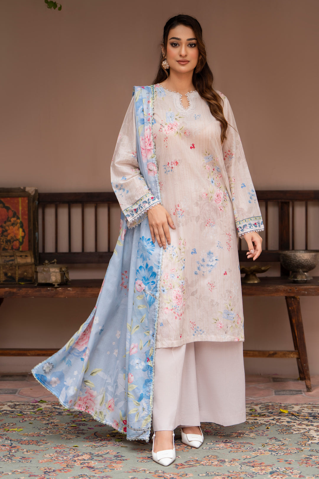 3 Piece Unstitched Peach Lawn - SU25V22-S4 - JAQUARD CLOTHING
