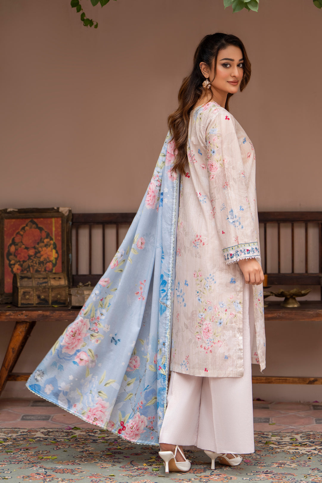 3 Piece Unstitched Peach Lawn - SU25V22-S4 - JAQUARD CLOTHING