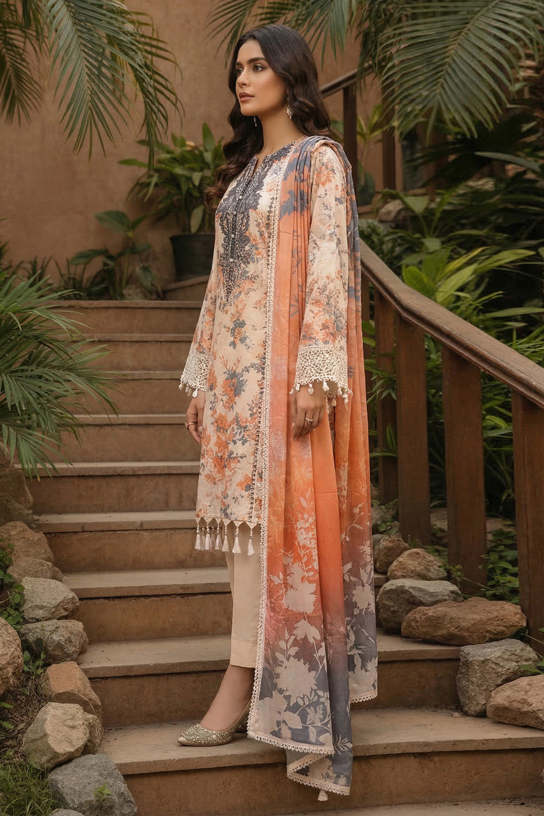 3 Piece Unstitched Peach Premium Printed Lawn Suit By Jacquard Clothing Summer 2026 Collection