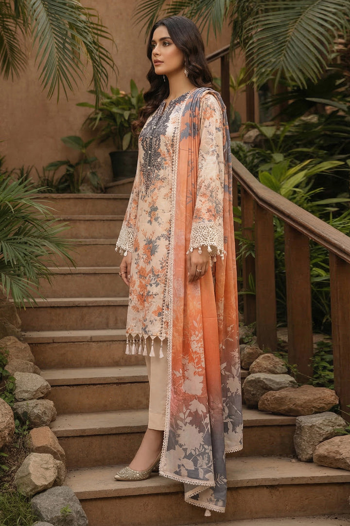 3 Piece Unstitched Peach Premium Printed Lawn Suit By Jacquard Clothing Summer 2026 Collection