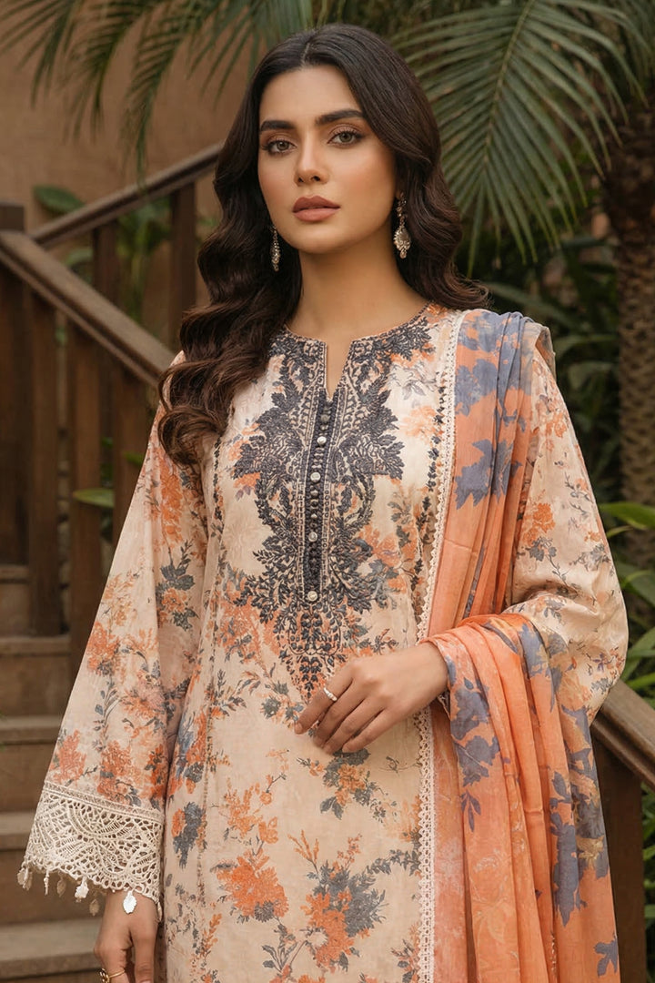 3 Piece Unstitched Peach Premium Printed Lawn Suit By Jacquard Clothing Summer 2026 Collection