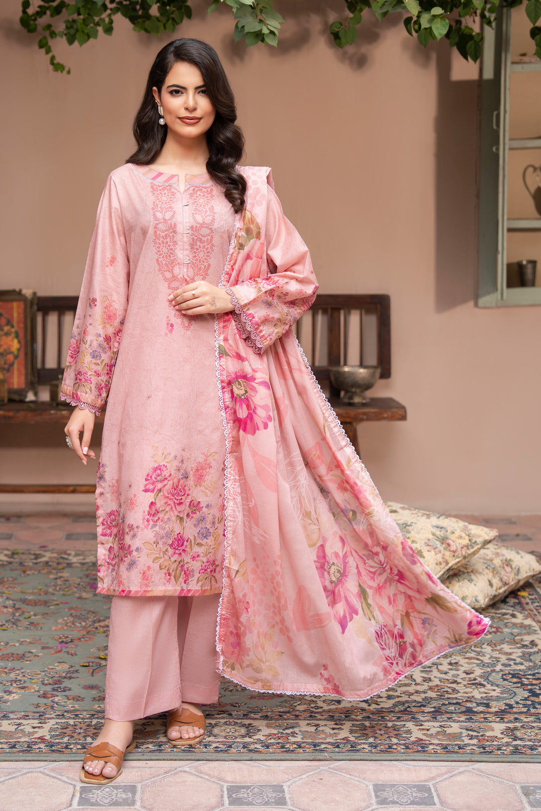 3 Piece Unstitched Pink Lawn - SU25V22-S9 - JAQUARD CLOTHING
