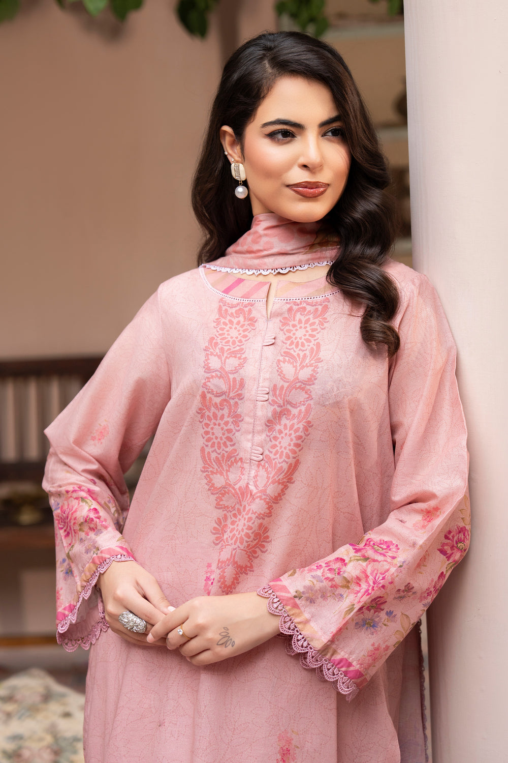 3 Piece Unstitched Pink Lawn - SU25V22-S9 - JAQUARD CLOTHING
