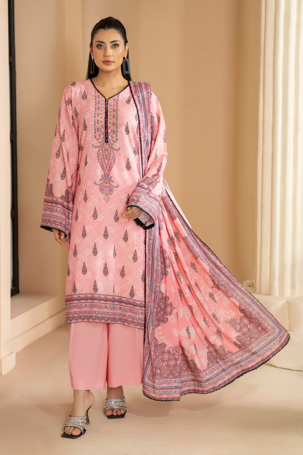 3 Piece Unstitched Pink Premium Linen - W25CF1V3-S6 - JACQUARD CLOTHING