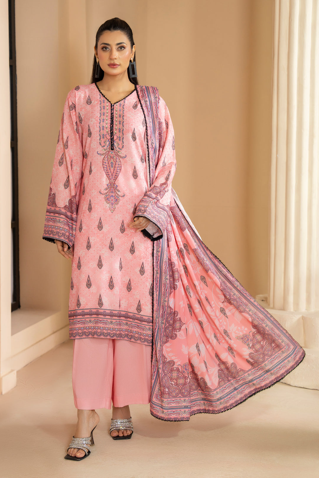 3 Piece Unstitched Pink Premium Linen - W25CF1V3-S6 - JACQUARD CLOTHING